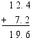 $\begin{align}
  & \text{   }1\text{ }2.\text{ }4 \\ 
 & \underline{\text{+   }7.\text{ }2} \\ 
 & \text{   }1\text{ }9.\text{ }6 \\ 
\end{align}$